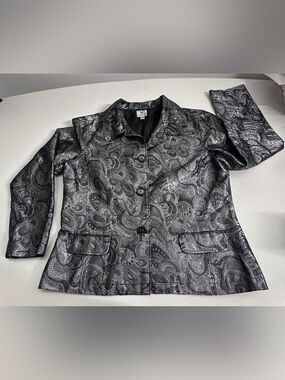 Chico’s Metallic Silver Black Paisley Brocade Blazer Jacket Size 2